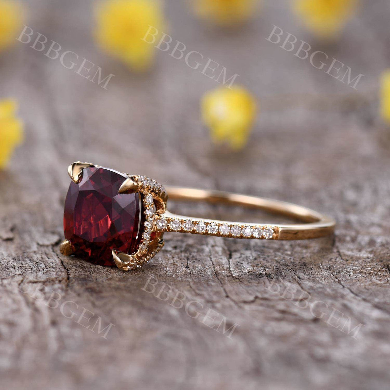 2.5 Carat Cushion Cut Red Garnet Promise Ring Half Eternity Diamond Band Rose Gold