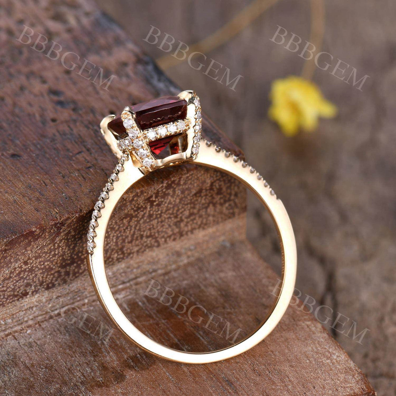 2.5 Carat Cushion Cut Red Garnet Promise Ring Half Eternity Diamond Band Rose Gold