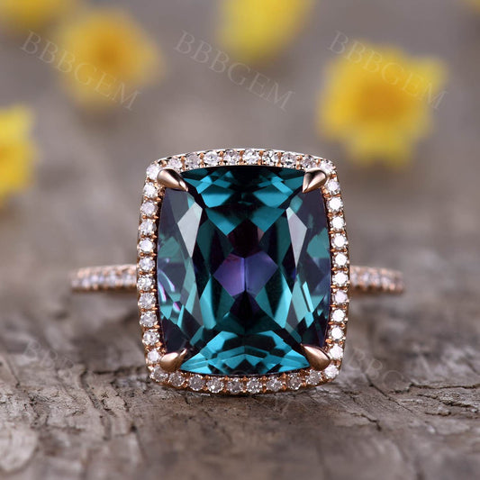4.5 Carat Cushion Cut Alexandrite Engagement Ring Diamond Wedding Band