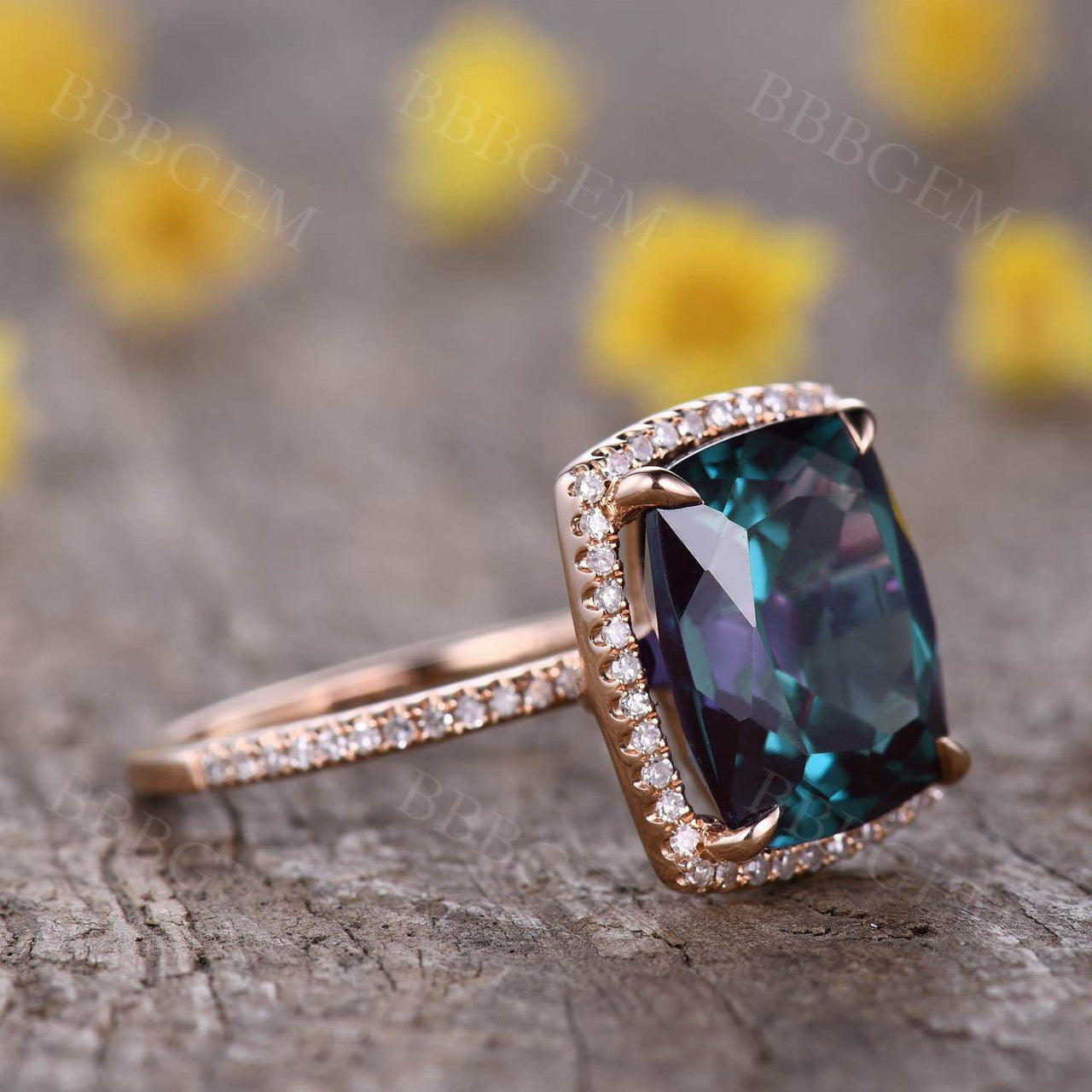 4.5 Carat Cushion Cut Alexandrite Engagement Ring Diamond Wedding Band