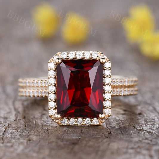 4 Carat Natural Garnet Engagement Ring Yellow Gold Halo Diamond Wedding Band