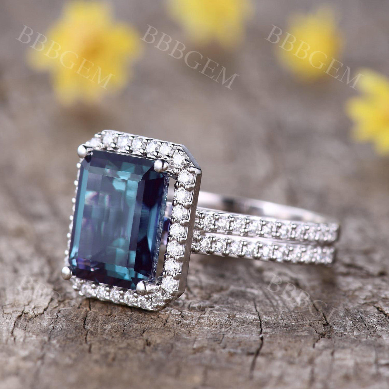 5 Carat Emerald Cut Alexandrite Engagement Ring Diamond Halo Ring White Gold