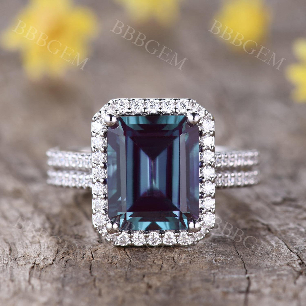 5 Carat Emerald Cut Alexandrite Engagement Ring Diamond Halo Ring White Gold