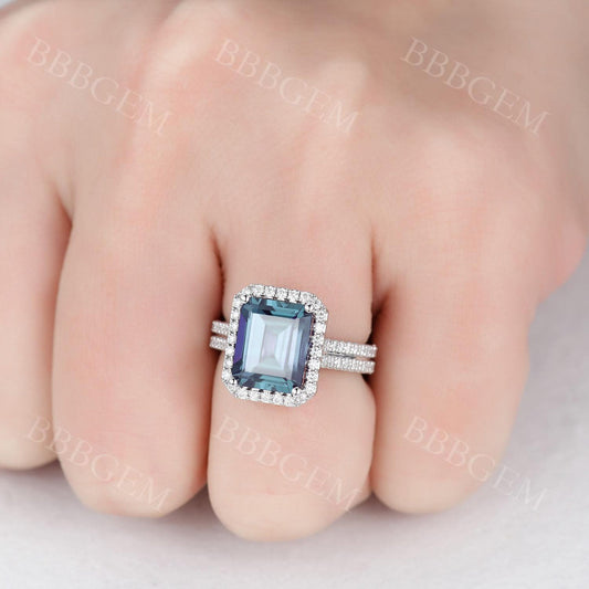 5 Carat Emerald Cut Alexandrite Engagement Ring Diamond Halo Ring White Gold