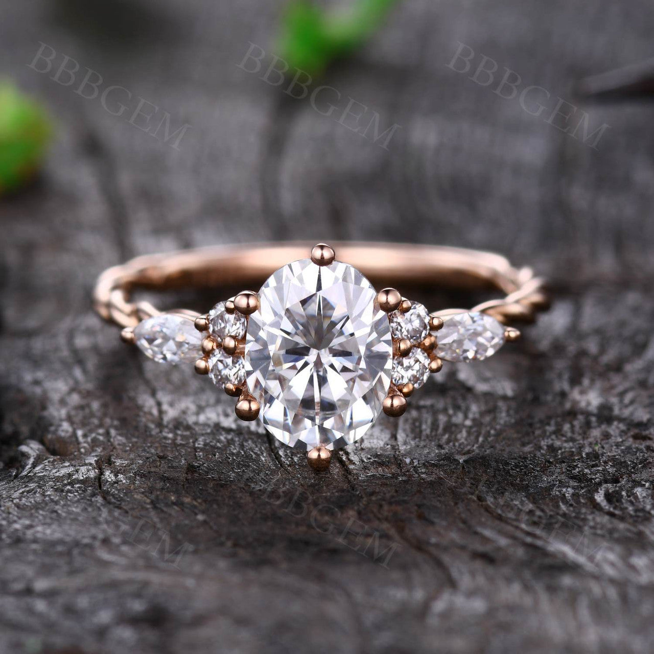1.5CT Oval Cut Moissanite Engagement Ring Marquise Moissanite Twist Plain Gold Band