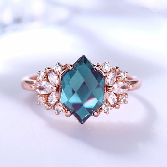 10x7mm Art Deco Hexagon Alexandrite Engagement Ring Cluster Moissanite Ring