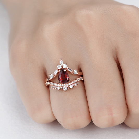 Dainty Pear Cut Garnet Promise Ring Set Curved V Moissanite Wedding Band