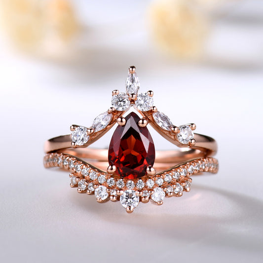 Dainty Pear Cut Garnet Promise Ring Set Curved V Moissanite Wedding Band