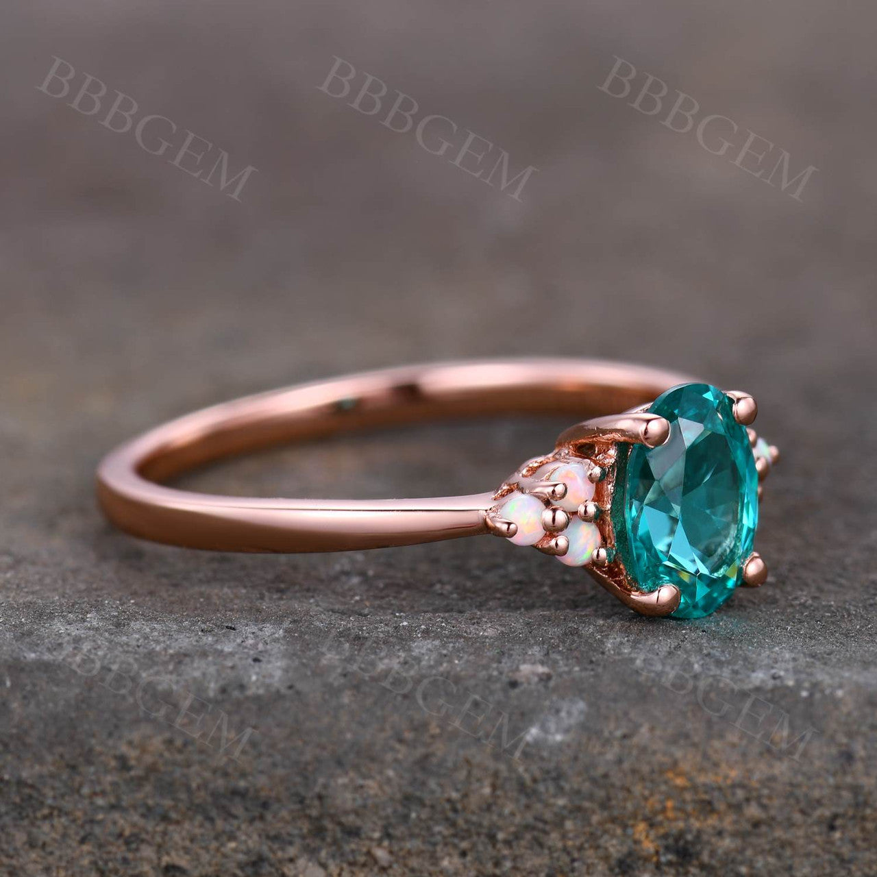 5x7mm Oval Cut Green Garnet Engagement Ring Rose Gold Opal Accent Stone