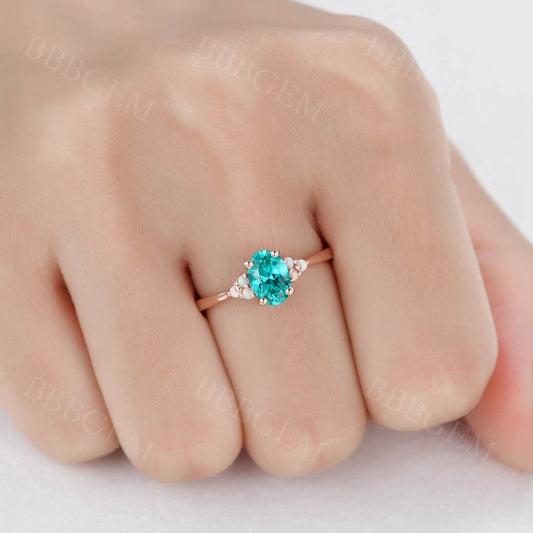5x7mm Oval Cut Green Garnet Engagement Ring Rose Gold Opal Accent Stone