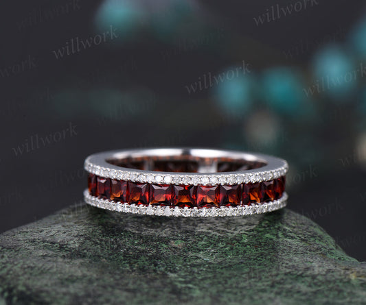 January Birthstone Princess Cut Natural Garnet Wedding Band Unique Moissanite Diamond Full Eternity Wedding Engagement Ring Birthday Gift