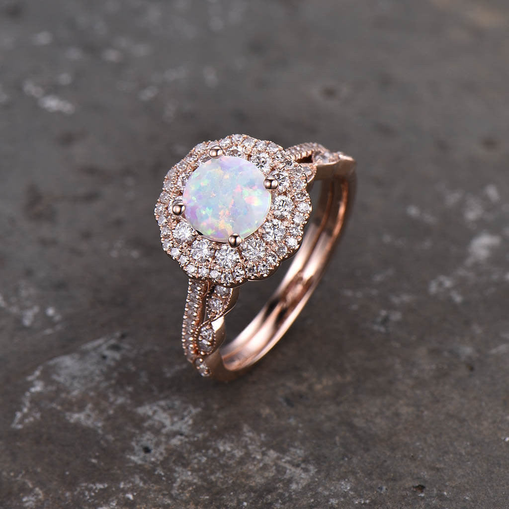 Female Opal Engagement Ring Bridal Set Rose Gold Filigree Milgrain Antique