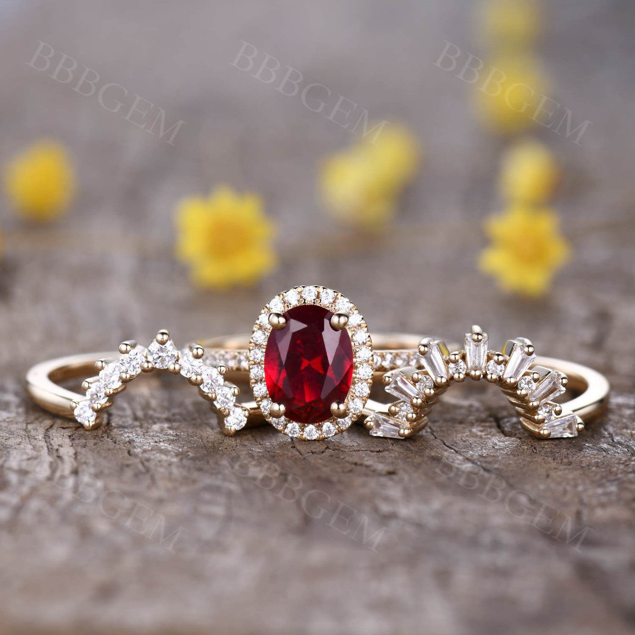 3pcs Vintage Oval Cut 1.6CT Garnet Bridal Set Diamond Wedding Band Rose Gold