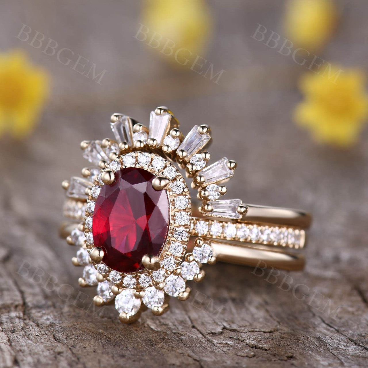 3pcs Vintage Oval Cut 1.6CT Garnet Bridal Set Diamond Wedding Band Rose Gold