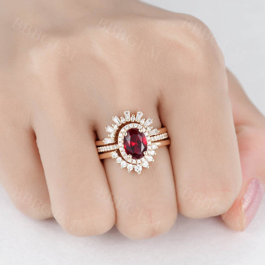 3pcs Vintage Oval Cut 1.6CT Garnet Bridal Set Diamond Wedding Band Rose Gold