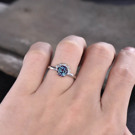 Floral Alexandrite And Dianond Engagement Ring Five Stones