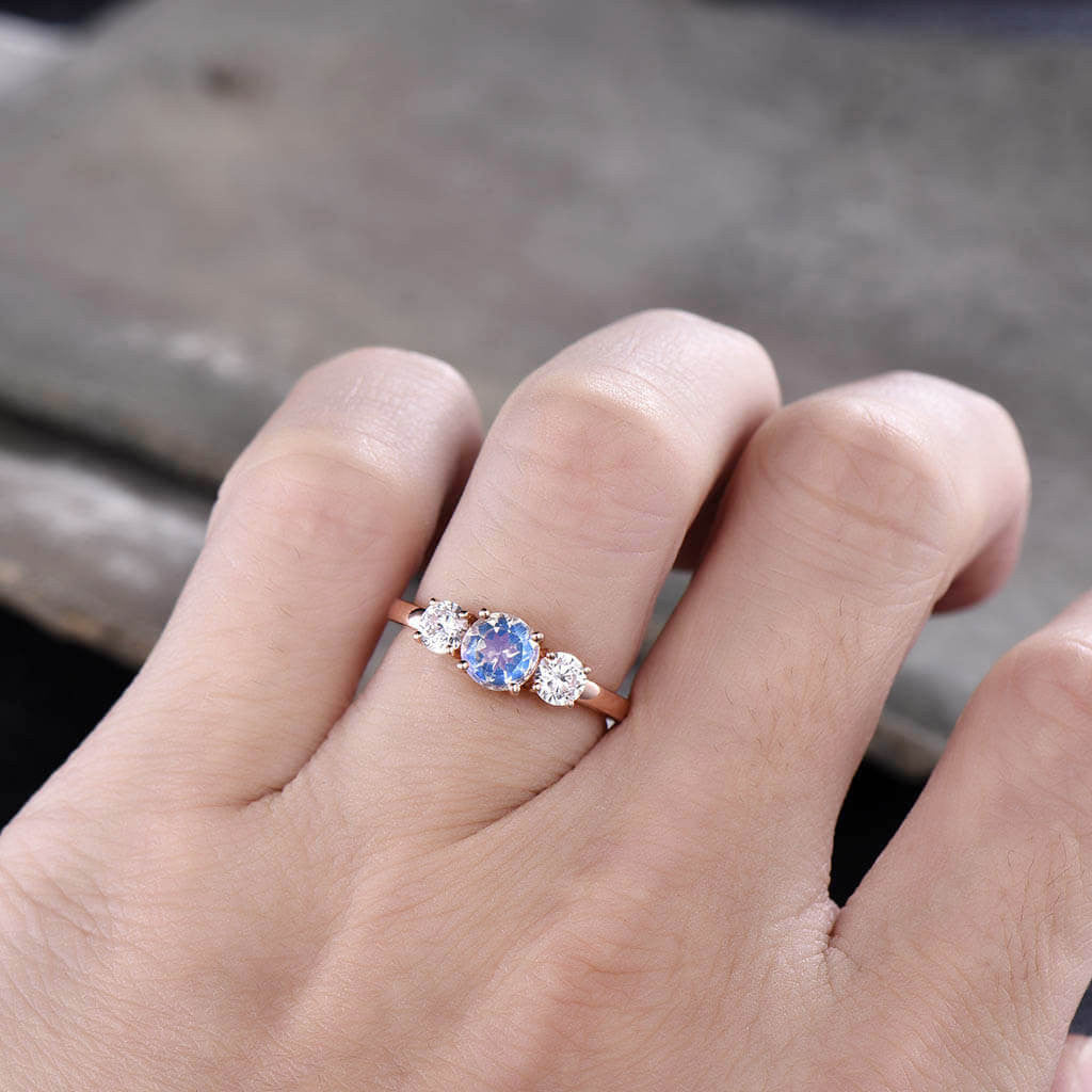 14K/18K Gold Moonstone And Moissanite Engagement Ring Three Stone