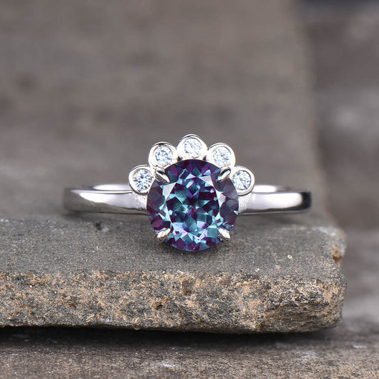 Floral Alexandrite And Dianond Engagement Ring Five Stones