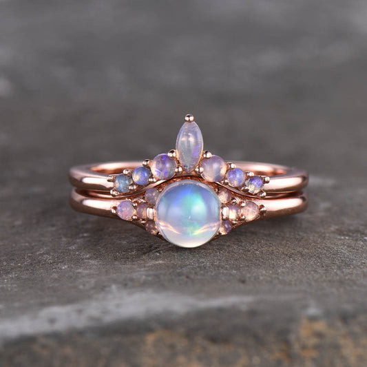 14K/18K Rose Gold Natural Opal Wedding Set Art Deco Engagement Ring
