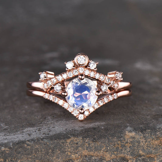 14K/18K Rose Gold Rainbow Moonstone Diamond Engagement Ring Wedding Set