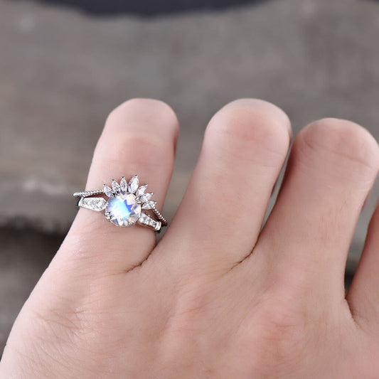 Female Moonstone Bridal Set Solitaire Rose Gold,Art Deco Moissanite Matching Band