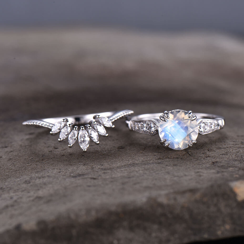 Female Moonstone Bridal Set Solitaire Rose Gold,Art Deco Moissanite Matching Band