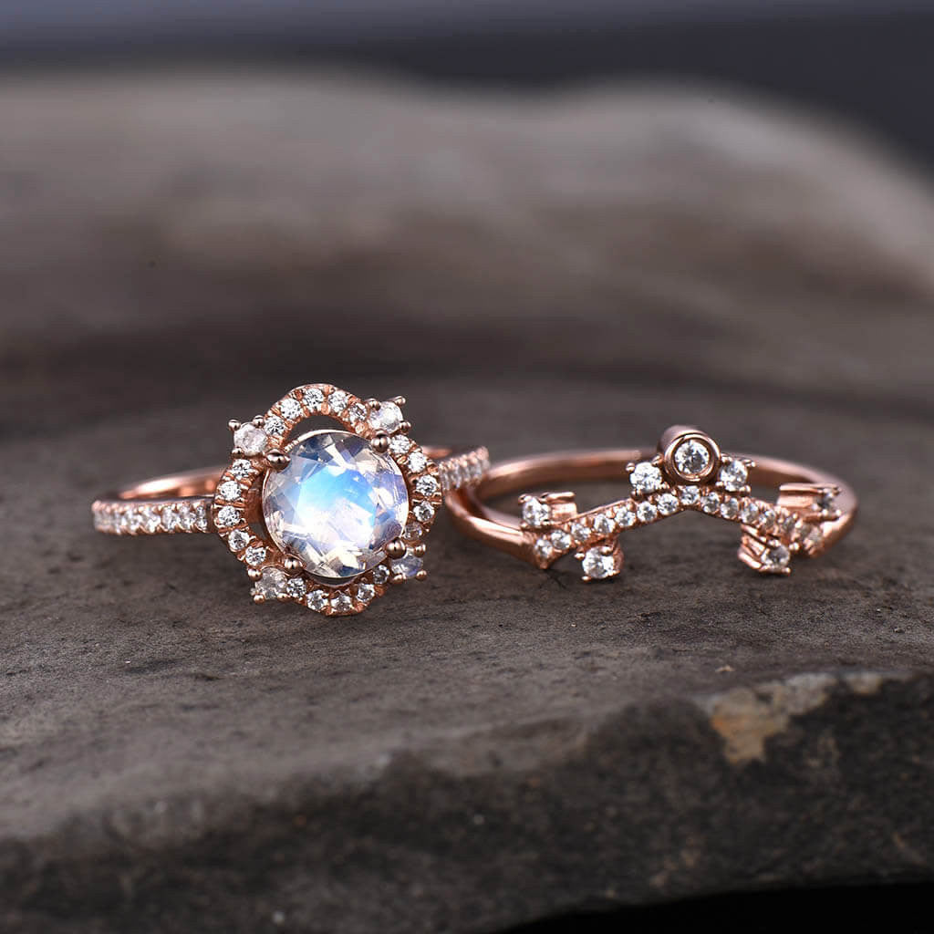 14K/18K Rose Gold Rainbow Cordelia Moonstone Diamond Bridal Set Queen