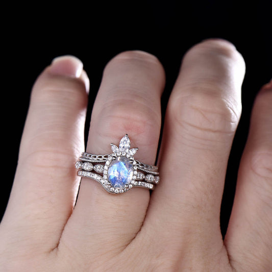 3pcs Oval Moonstone Halo Diamond Engagement Ring Set