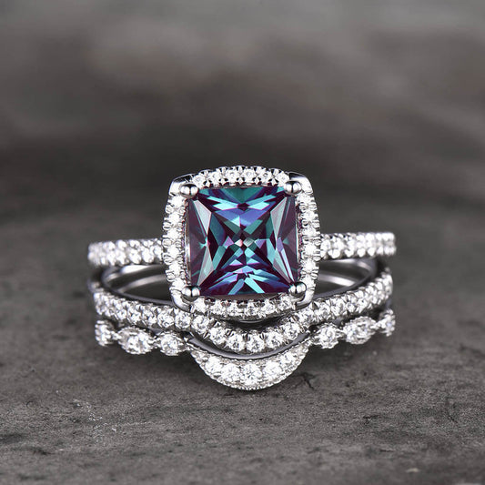 3pcs Princess Cut Alexandrite And Diamond Engagement Ring Set Basket Prong Set