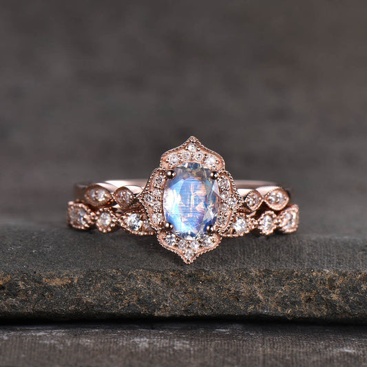 14K/18K Rose Gold Rainbow Vintage Milgrain Moonstone Diamond Bridal Set Marquise Band