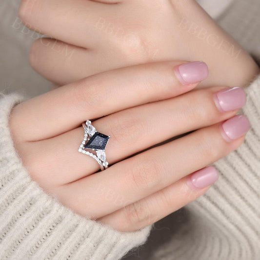 10x7mm Kite Cut Blue Sandstone Engagement Ring Curved Moissanite Matching Band In White Gold