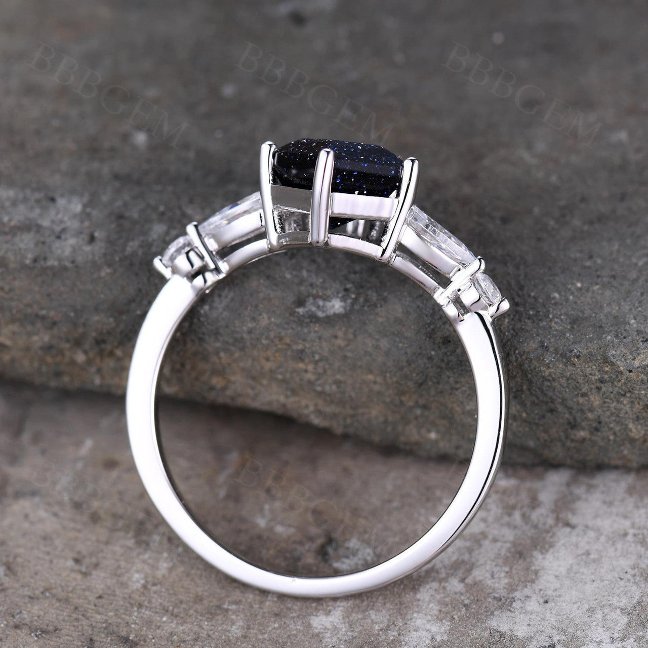 10x7mm Kite Cut Blue Sandstone Engagement Ring Pear Round Cut Moissanite In White Gold