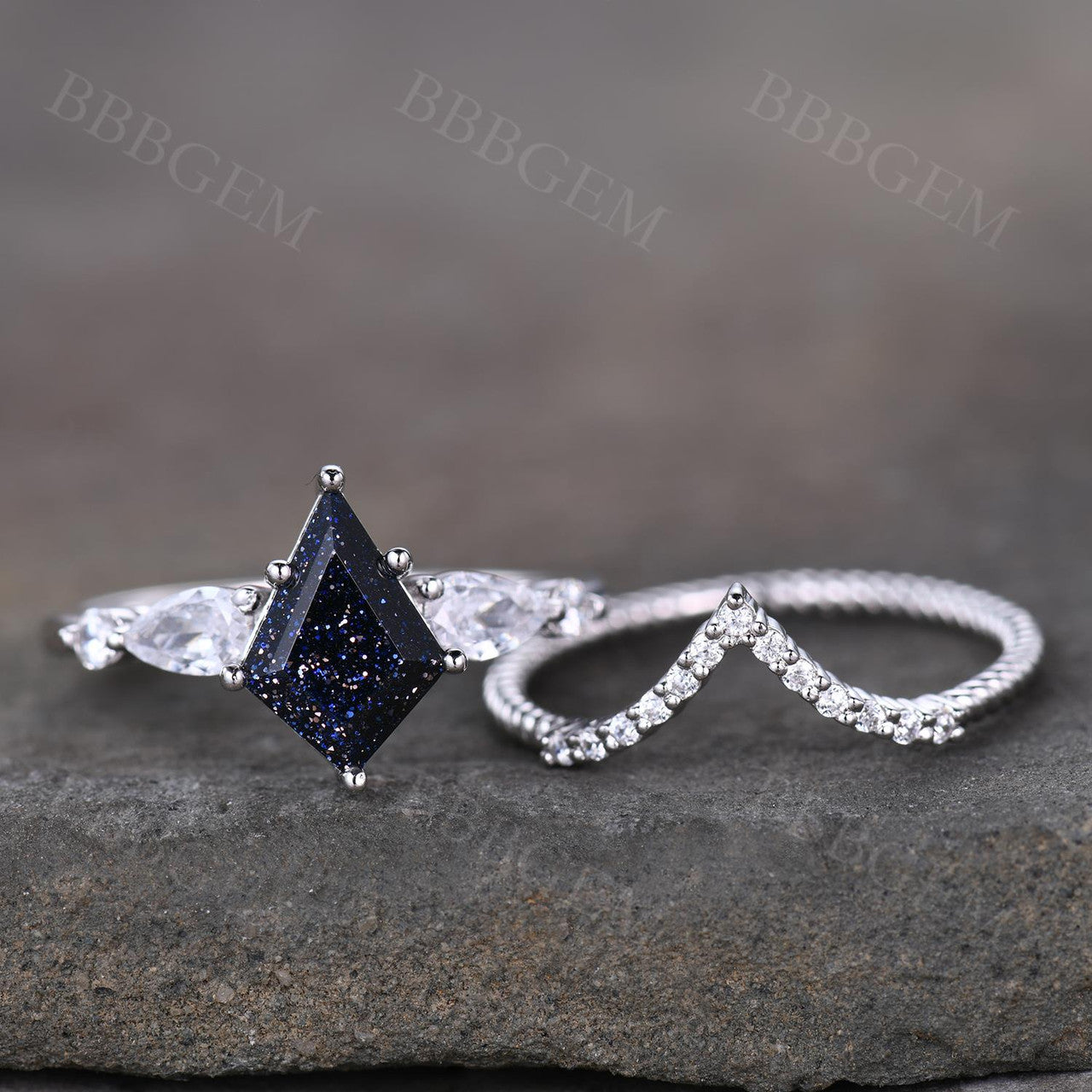 10x7mm Kite Cut Blue Sandstone Engagement Ring Curved Moissanite Matching Band In White Gold