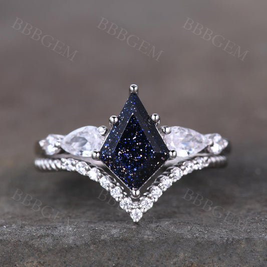 10x7mm Kite Cut Blue Sandstone Engagement Ring Curved Moissanite Matching Band In White Gold