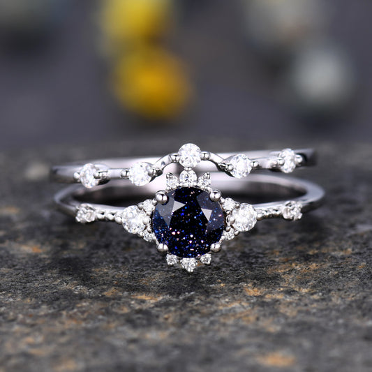 5mm Round Cut Blue Sandstone Bridal Set Pink Gold Diamond Wedding Band Curved Diamond Matching Band