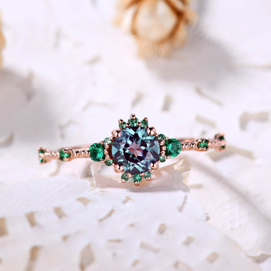 5mm Dainty Round Cut Alexandrite Engagement Ring Emerald Wedding Band