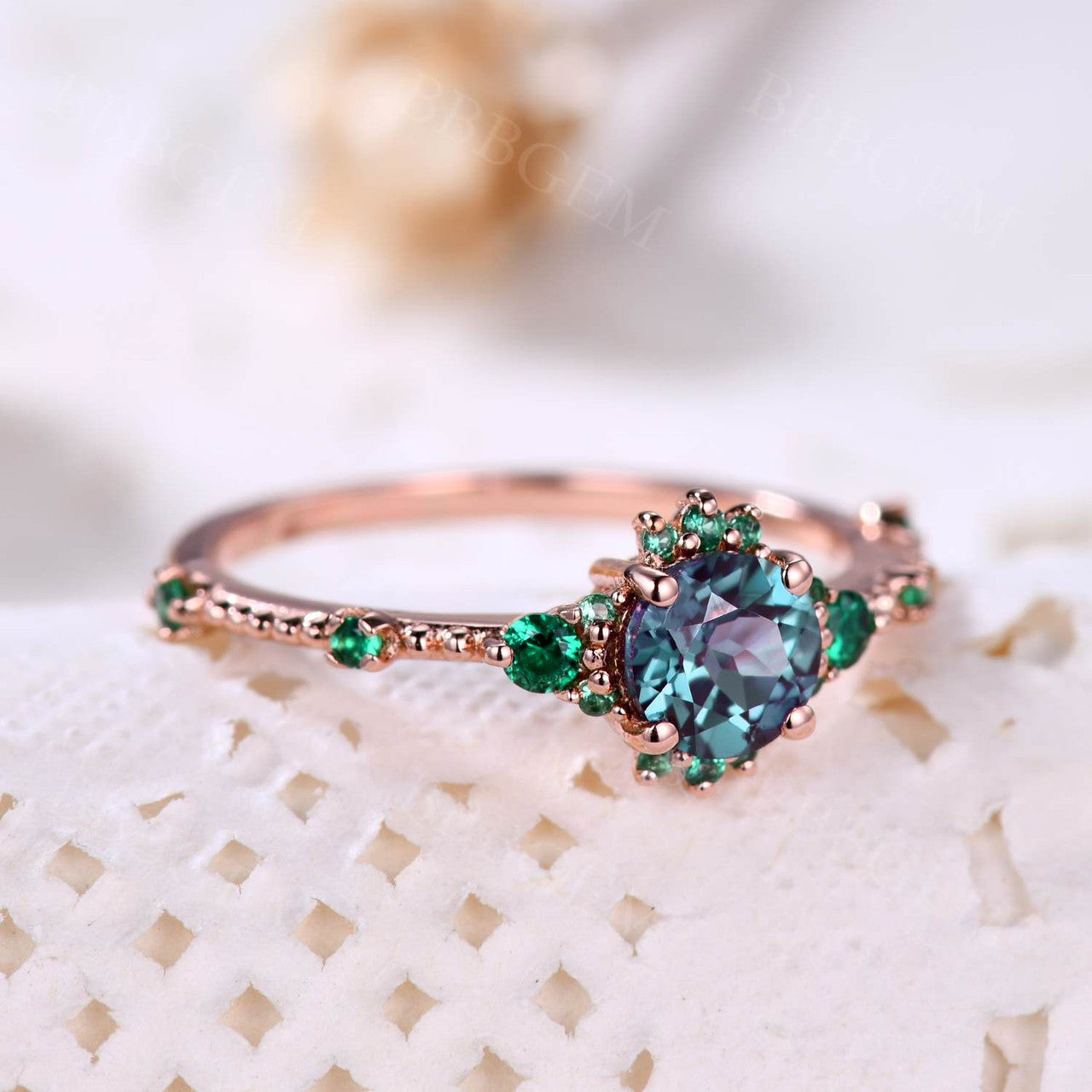 5mm Dainty Round Cut Alexandrite Engagement Ring Emerald Wedding Band