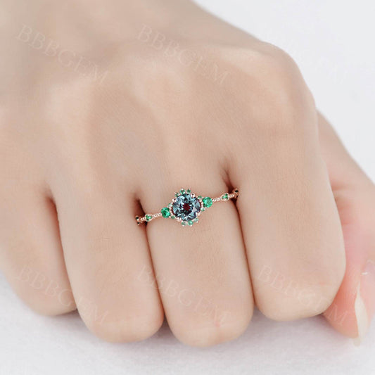 5mm Dainty Round Cut Alexandrite Engagement Ring Emerald Wedding Band