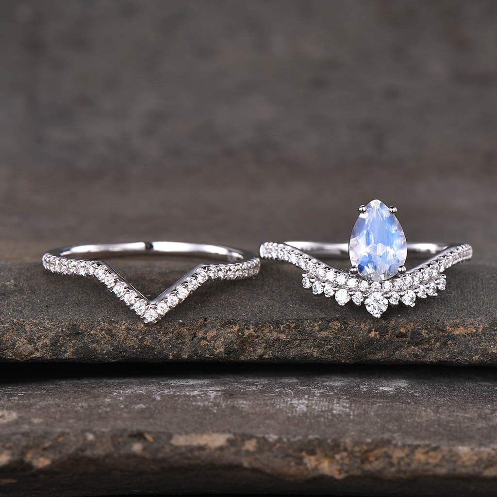 14K/18K White Gold Rainbow Pear Shaped Moonstone Wedding Set Unique
