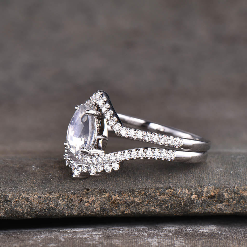 14K/18K White Gold Rainbow Pear Shaped Moonstone Wedding Set Unique