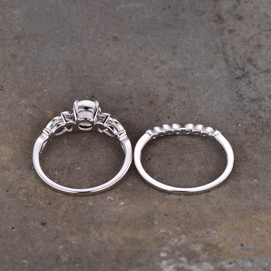 Floral White Opal Engagement Ring Set 14k/18k White Gold Leaf Diamond