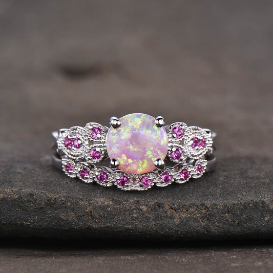 Floral Pink Fire Opal Engagement Ring Set 14k/18k White Gold