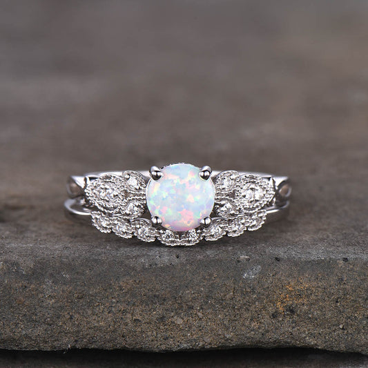 Floral White Opal Engagement Ring Set 14k/18k White Gold Leaf Diamond