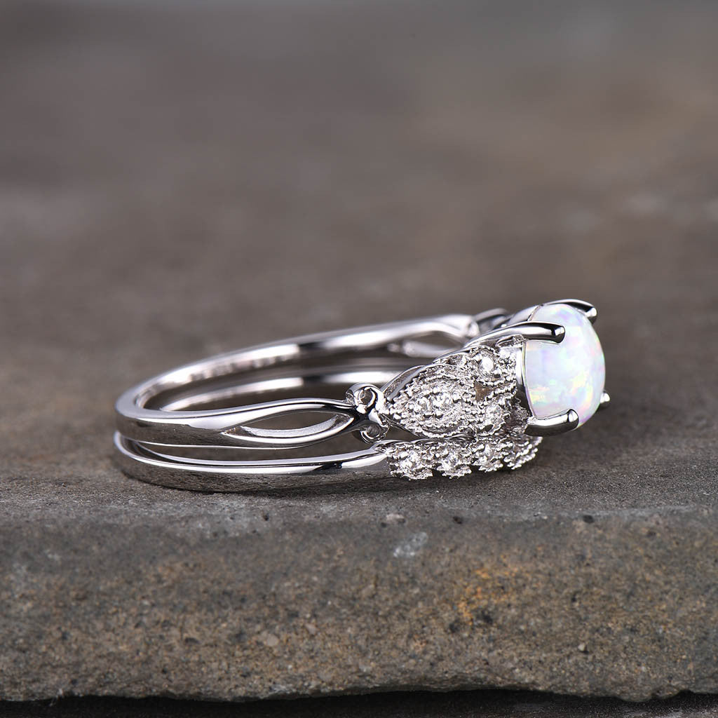 Floral White Opal Engagement Ring Set 14k/18k White Gold Leaf Diamond