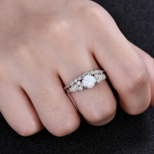 Floral White Opal Engagement Ring Set 14k/18k White Gold Leaf Diamond