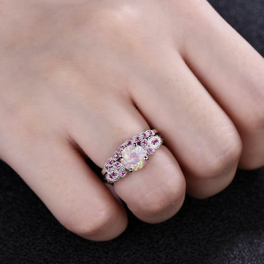 Floral Pink Fire Opal Engagement Ring Set 14k/18k White Gold