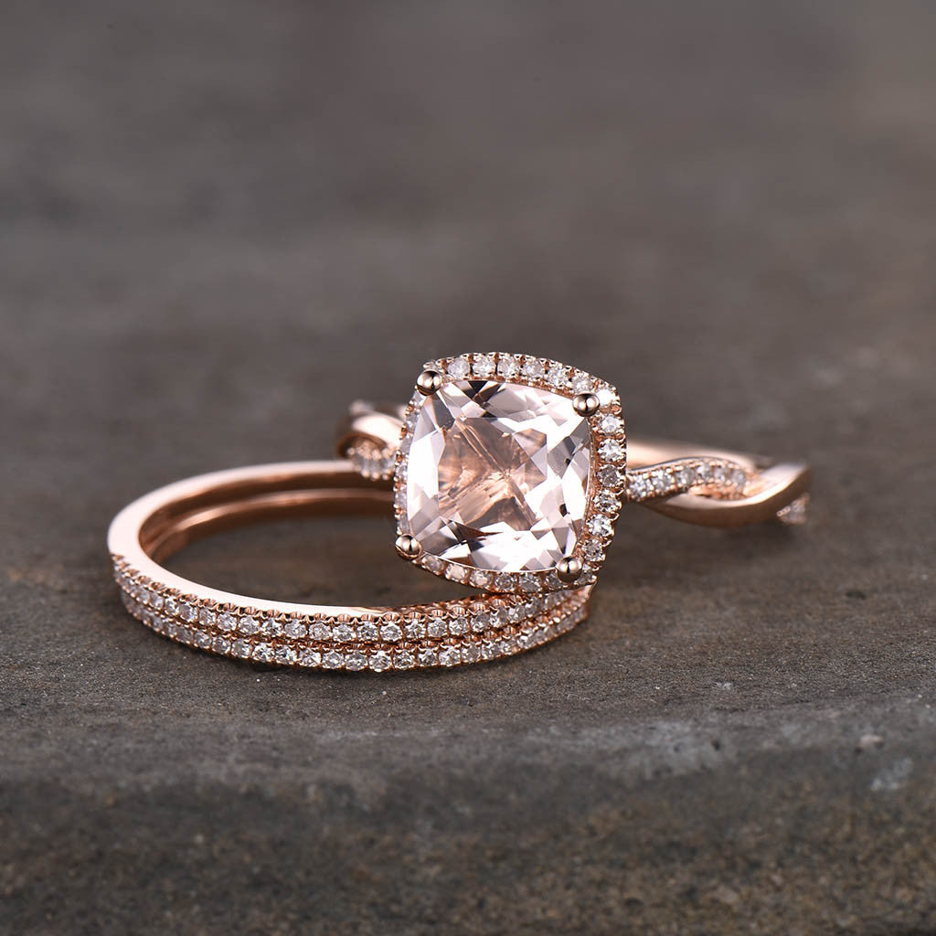 2.4 Carat Cushion Cut Morganite Rose Gold Wedding Set Diamond Bridal Ring 14k Infinity Stacking Matching Band