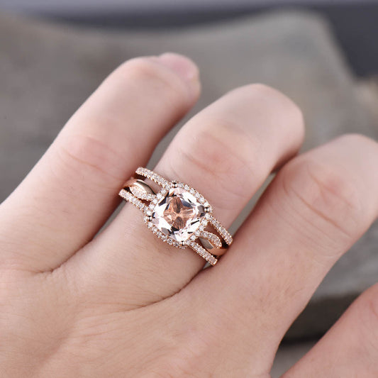 2.4 Carat Cushion Cut Morganite Rose Gold Wedding Set Diamond Bridal Ring 14k Infinity Stacking Matching Band