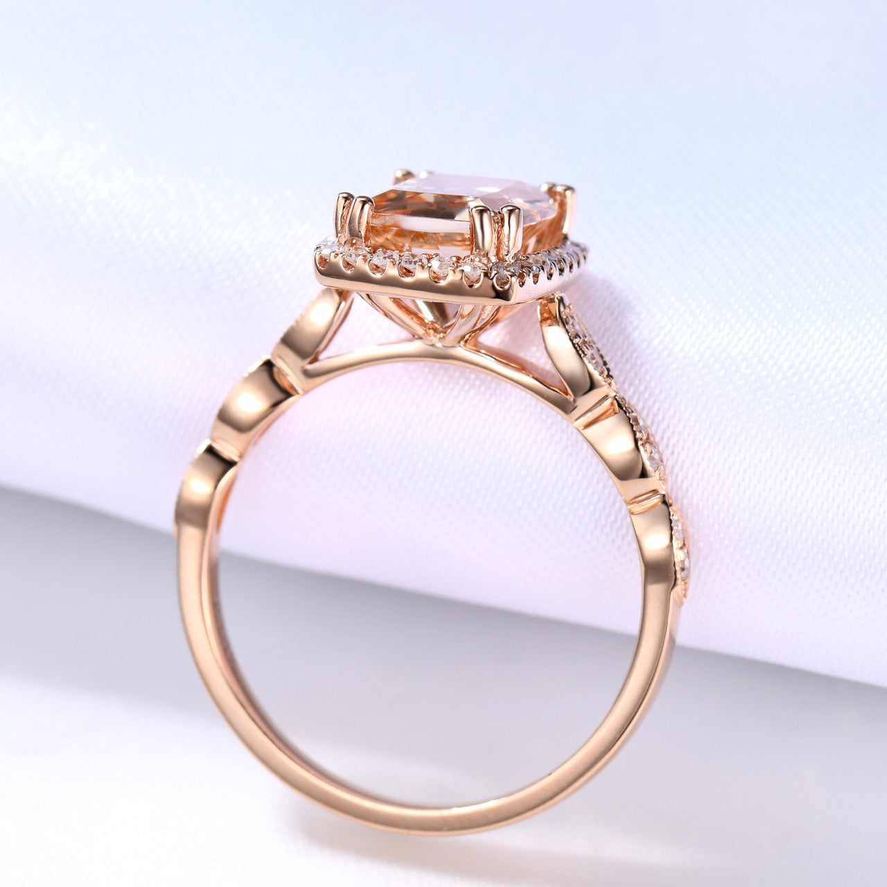 2 Carat Cushion Cut Natural Morganite Wedding Ring Diamond Halo Ring Pink Gold Diamond Wedding Band