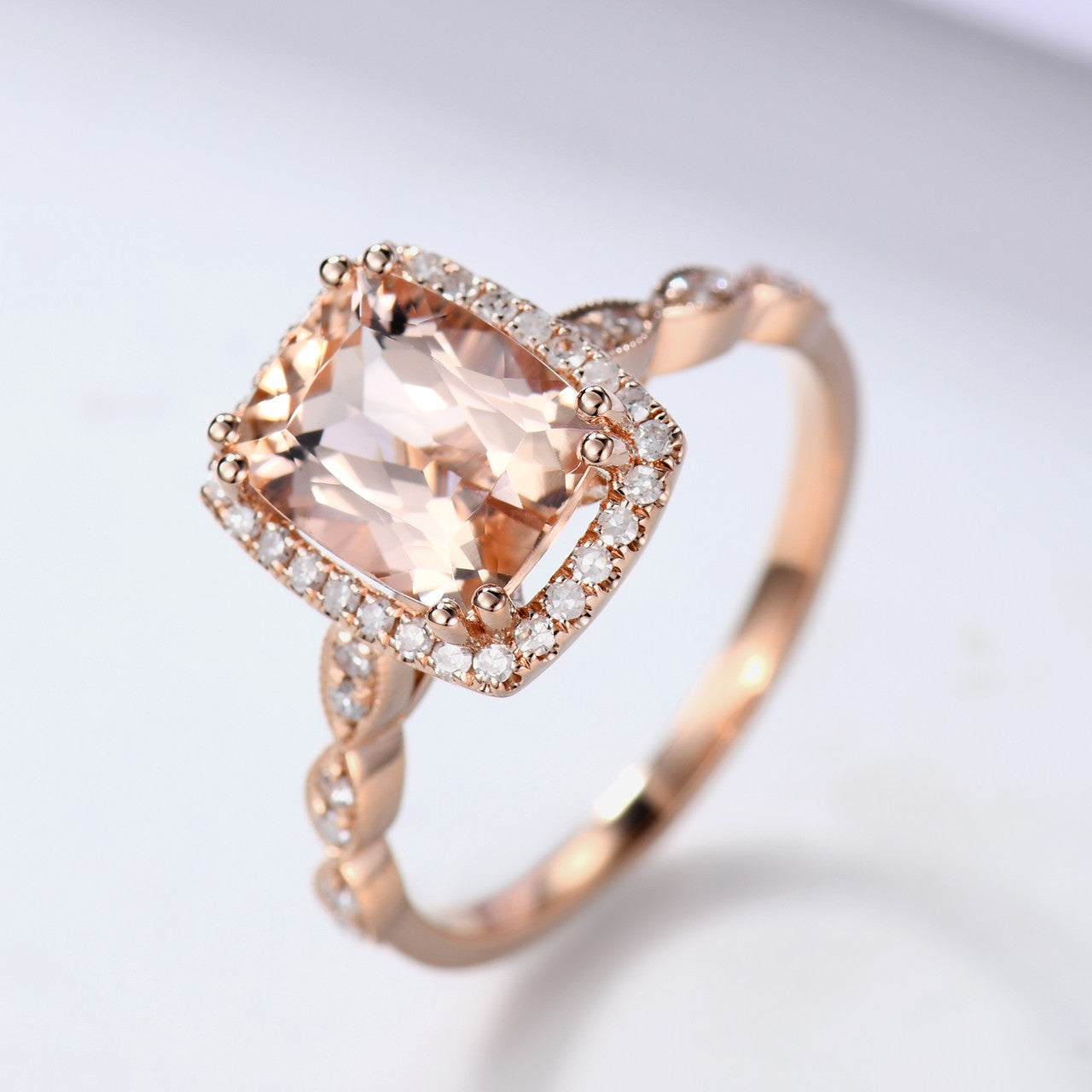 2 Carat Cushion Cut Natural Morganite Wedding Ring Diamond Halo Ring Pink Gold Diamond Wedding Band